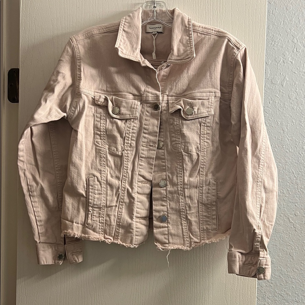 NAF NAF Light Pink Denim Jacket with Frayed Hem